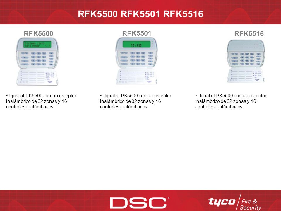 RFK5500 RFK5501 RFK5516 RFK5500. RFK5501. RFK5516. Igual al PK5500 con un receptor inalámbrico de 32 zonas y 16 controles inalámbricos.