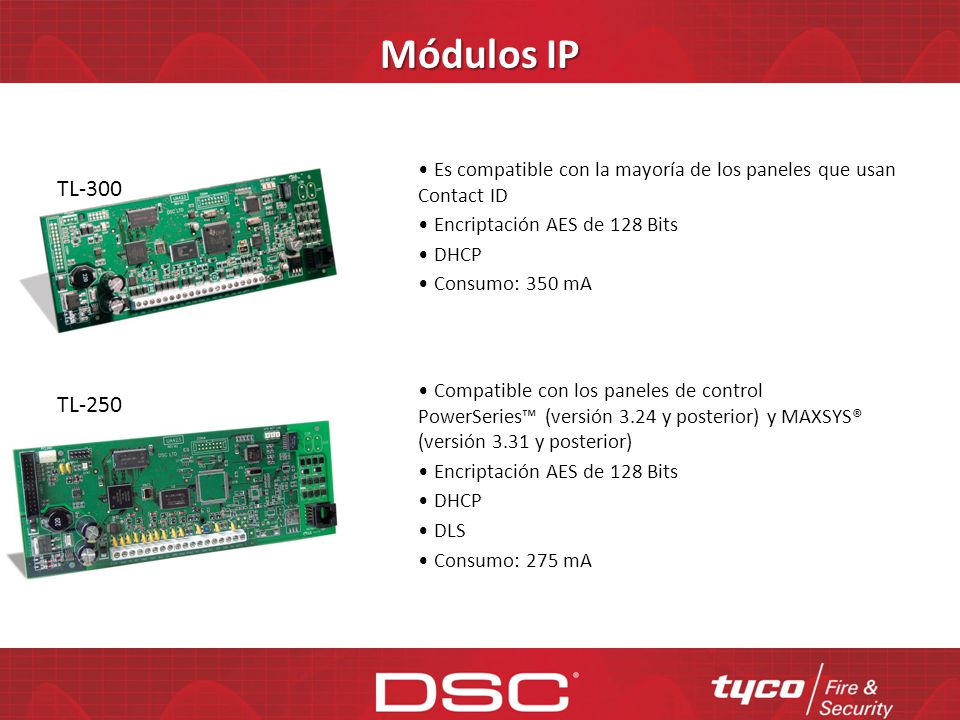 Módulos IP Es compatible con la mayoría de los paneles que usan Contact ID. Encriptación AES de 128 Bits.