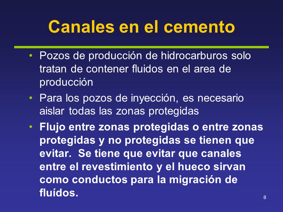 Canales en el cemento Pozos de producción de hidrocarburos solo tratan de contener fluidos en el area de producción.
