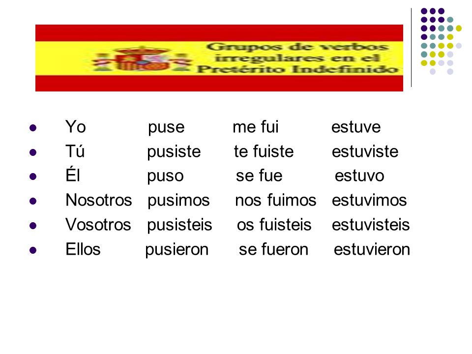 Yo puse me fui estuve Tú pusiste te fuiste estuviste.