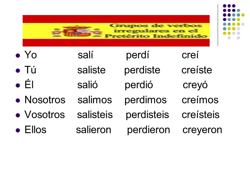 Yo salí perdí creí Tú saliste perdiste creíste.