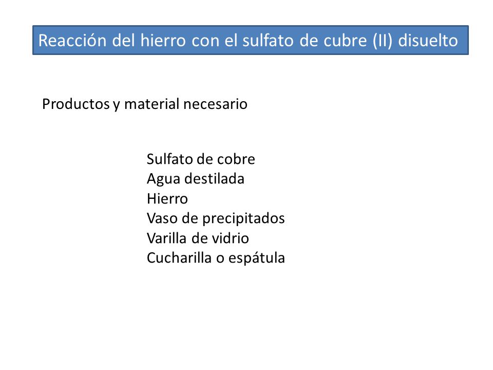Reacción del hierro con el sulfato de cubre (II) disuelto
