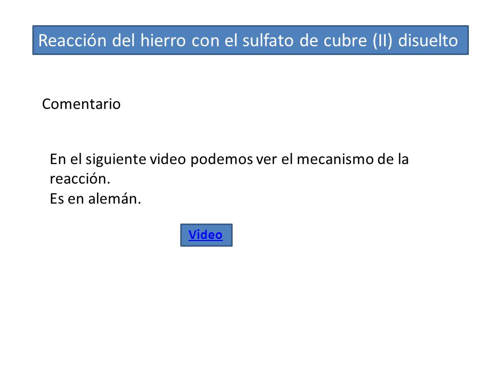 Reacción del hierro con el sulfato de cubre (II) disuelto
