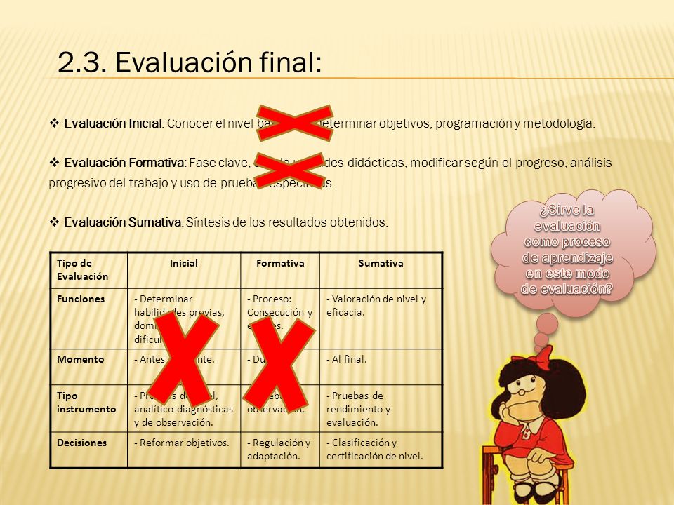 2.3. Evaluación final: Evaluación Inicial: Conocer el nivel base para determinar objetivos, programación y metodología.