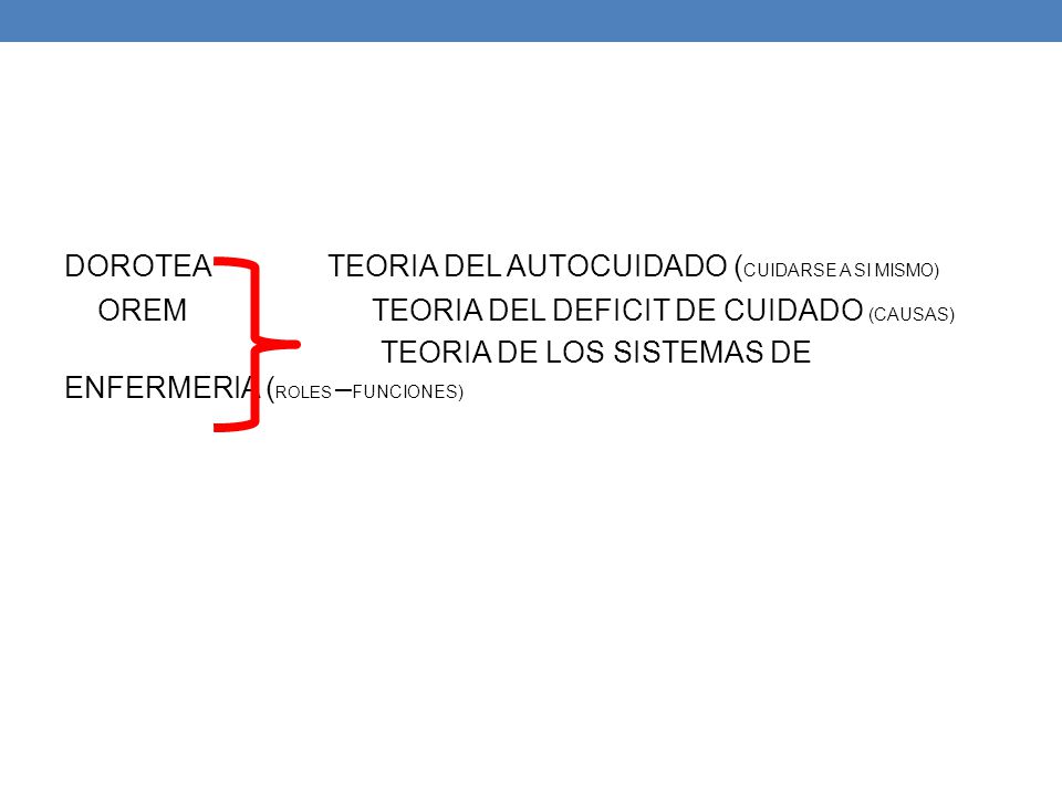 DOROTEA TEORIA DEL AUTOCUIDADO (CUIDARSE A SI MISMO) OREM TEORIA DEL DEFICIT DE CUIDADO (CAUSAS) TEORIA DE LOS SISTEMAS DE ENFERMERIA (ROLES –FUNCIONES)
