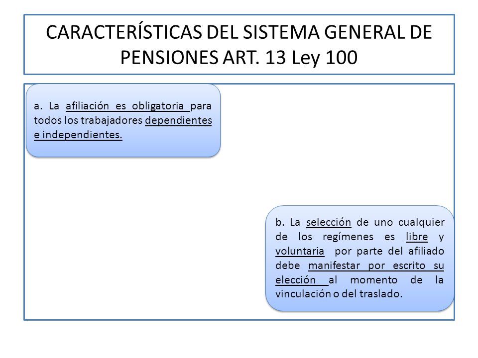 CARACTERÍSTICAS DEL SISTEMA GENERAL DE PENSIONES ART. 13 Ley 100