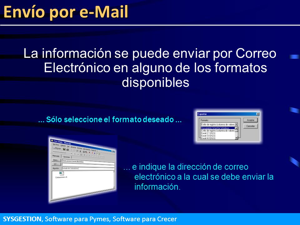 Envío por  La información se puede enviar por Correo Electrónico en alguno de los formatos disponibles.