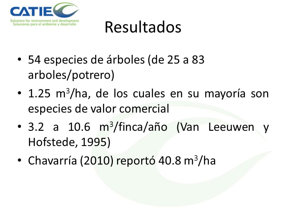 Resultados 54 especies de árboles (de 25 a 83 arboles/potrero)