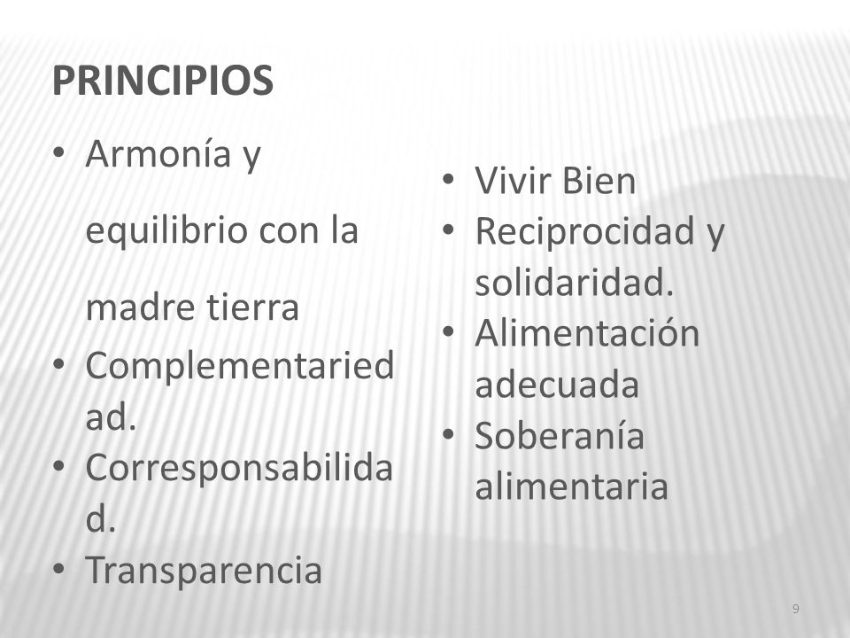 PRINCIPIOS Armonía y equilibrio con la madre tierra Vivir Bien