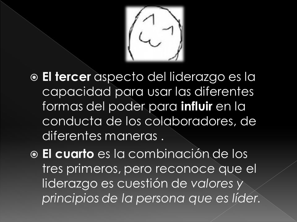 El tercer aspecto del liderazgo es la capacidad para usar las diferentes formas del poder para influir en la conducta de los colaboradores, de diferentes maneras .