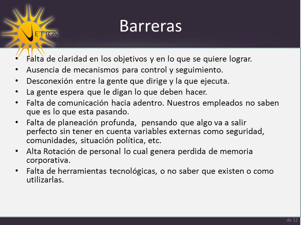 Barreras Falta de claridad en los objetivos y en lo que se quiere lograr. Ausencia de mecanismos para control y seguimiento.