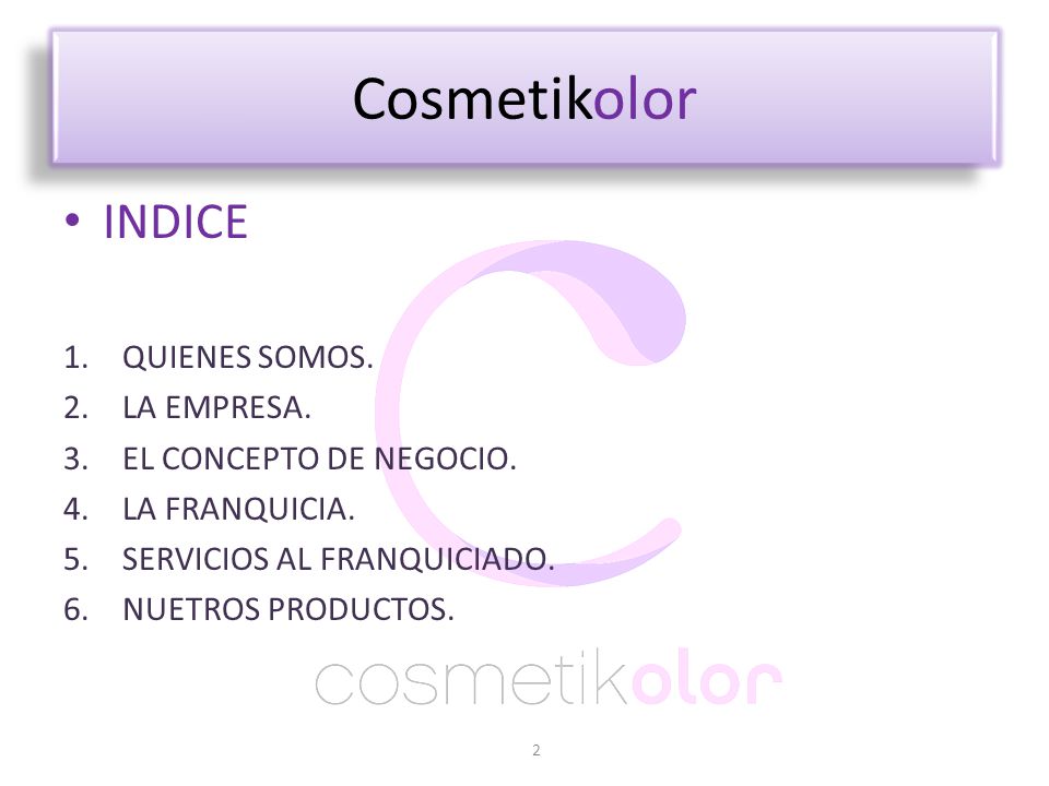 Cosmetikolor INDICE QUIENES SOMOS. LA EMPRESA. EL CONCEPTO DE NEGOCIO.