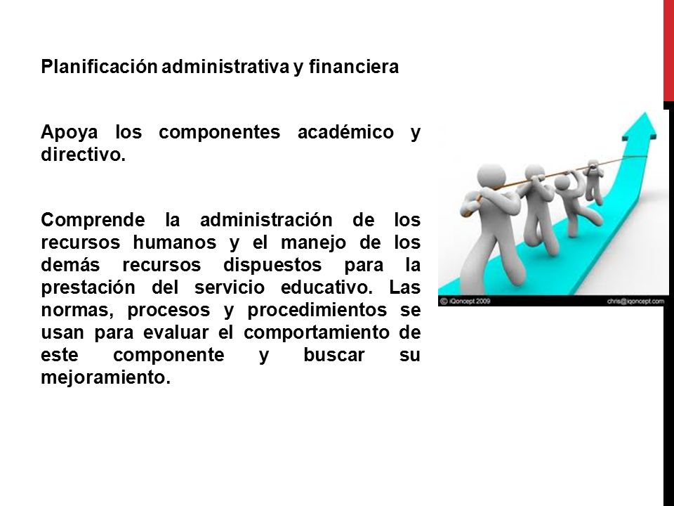 Planificación administrativa y financiera Apoya los componentes académico y directivo.