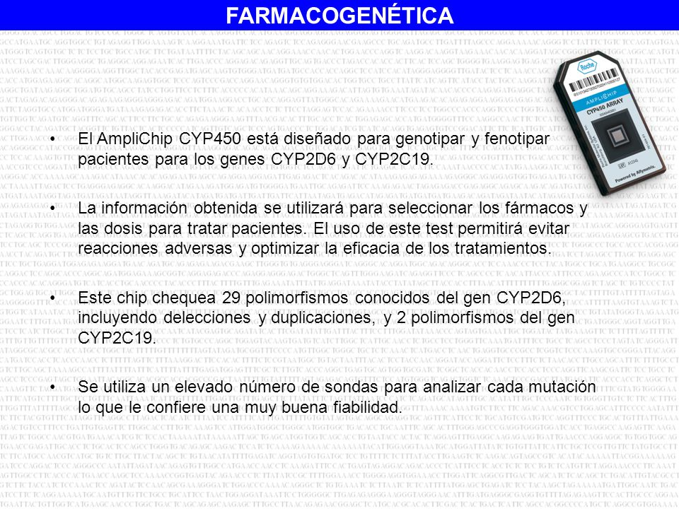 El AmpliChip CYP450 está diseñado para genotipar y fenotipar pacientes para los genes CYP2D6 y CYP2C19.