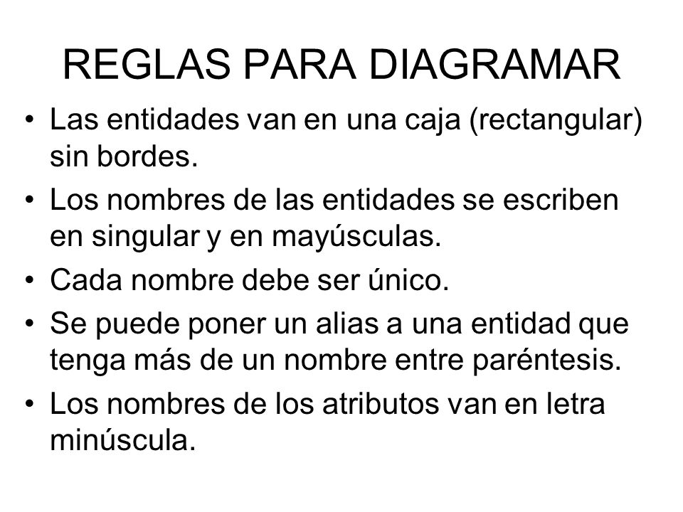 REGLAS PARA DIAGRAMAR Las entidades van en una caja (rectangular) sin bordes. Los nombres de las entidades se escriben en singular y en mayúsculas.