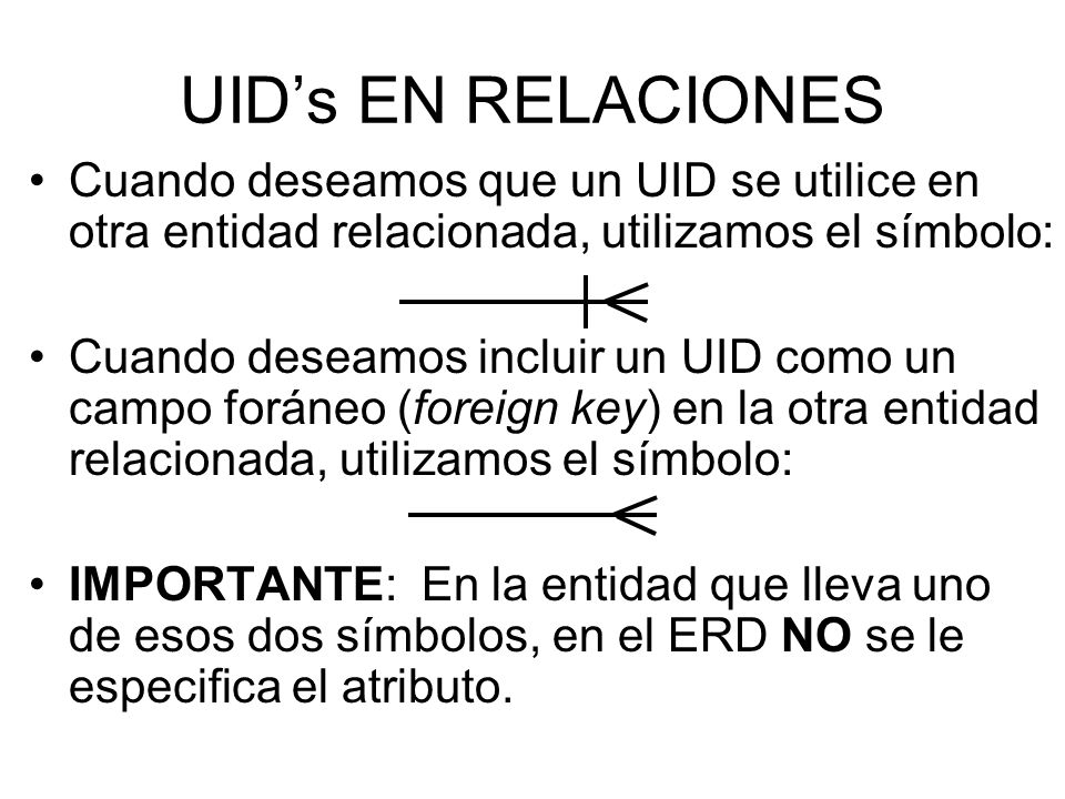 UID’s EN RELACIONES Cuando deseamos que un UID se utilice en otra entidad relacionada, utilizamos el símbolo: