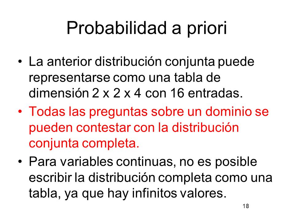 Probabilidad a priori La anterior distribución conjunta puede representarse como una tabla de dimensión 2 x 2 x 4 con 16 entradas.