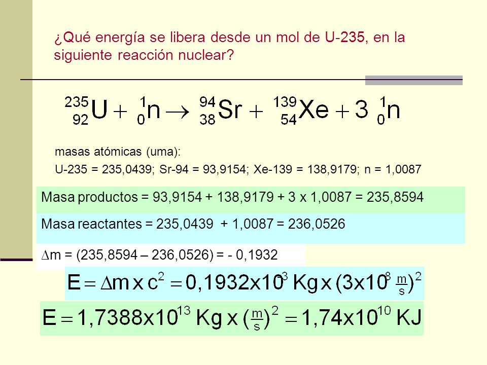 ¿Qué energía se libera desde un mol de U-235, en la siguiente reacción nuclear