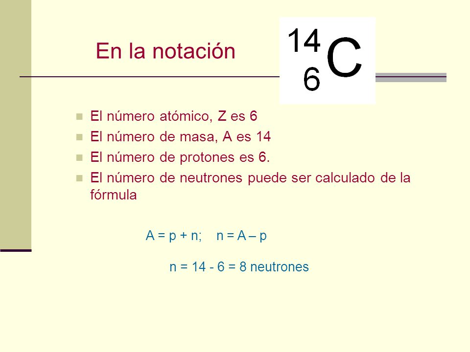 En la notación El número atómico, Z es 6 El número de masa, A es 14