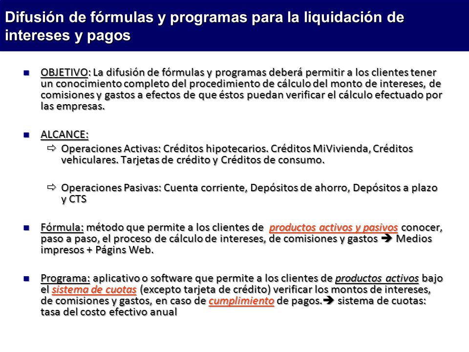 Difusión de fórmulas y programas para la liquidación de intereses y pagos
