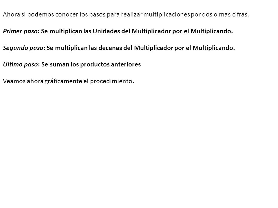 Ahora si podemos conocer los pasos para realizar multiplicaciones por dos o mas cifras.