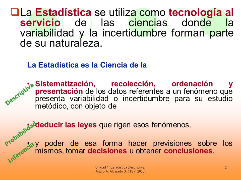 Unidad 1: Estadística Descriptiva. Arturo A. Alvarado S. (ITSY 2006)