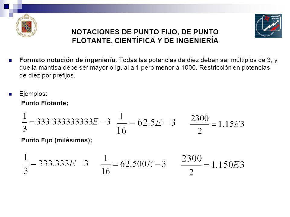NOTACIONES DE PUNTO FIJO, DE PUNTO FLOTANTE, CIENTÍFICA Y DE INGENIERÍA