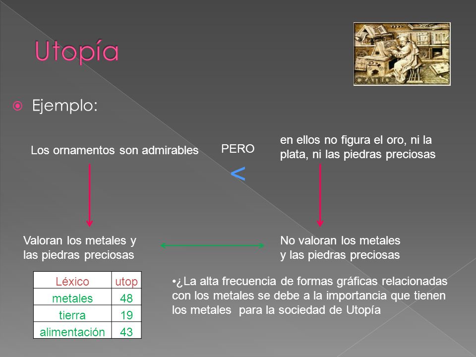 Utopía Ejemplo: en ellos no figura el oro, ni la plata, ni las piedras preciosas. Los ornamentos son admirables.