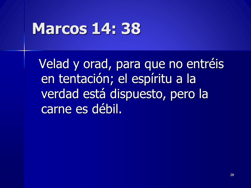 Marcos 14: 38 Velad y orad, para que no entréis en tentación; el espíritu a la verdad está dispuesto, pero la carne es débil.