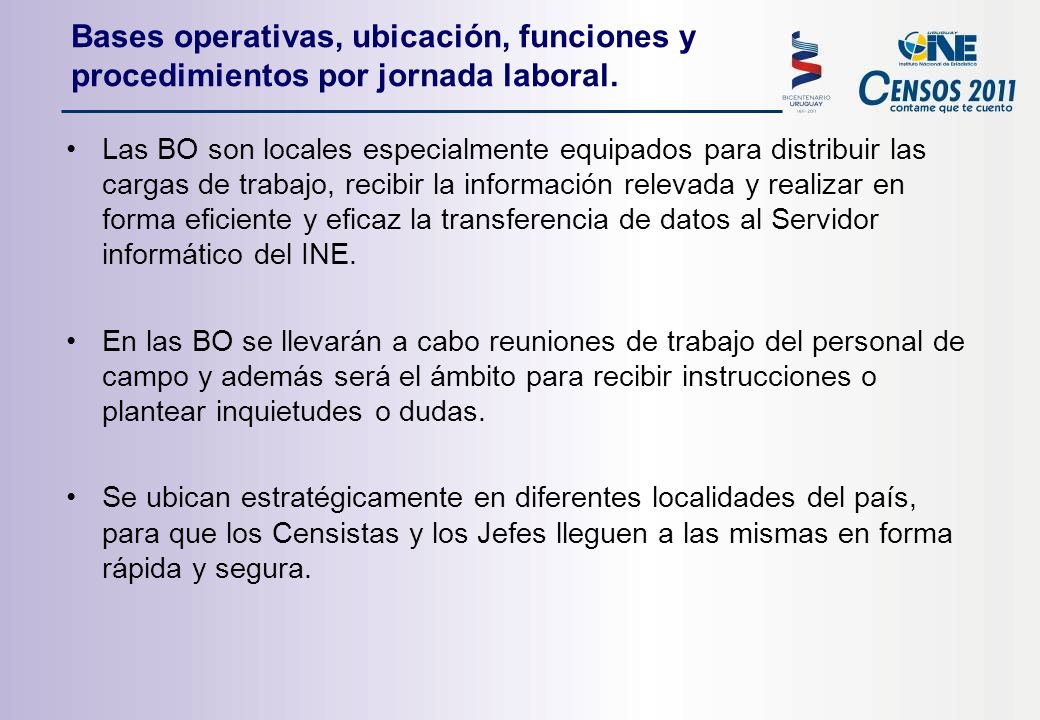 Bases operativas, ubicación, funciones y procedimientos por jornada laboral.