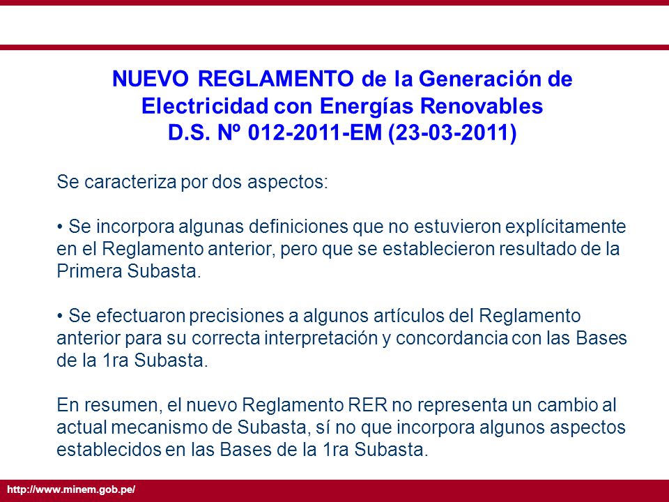 NUEVO REGLAMENTO de la Generación de Electricidad con Energías Renovables