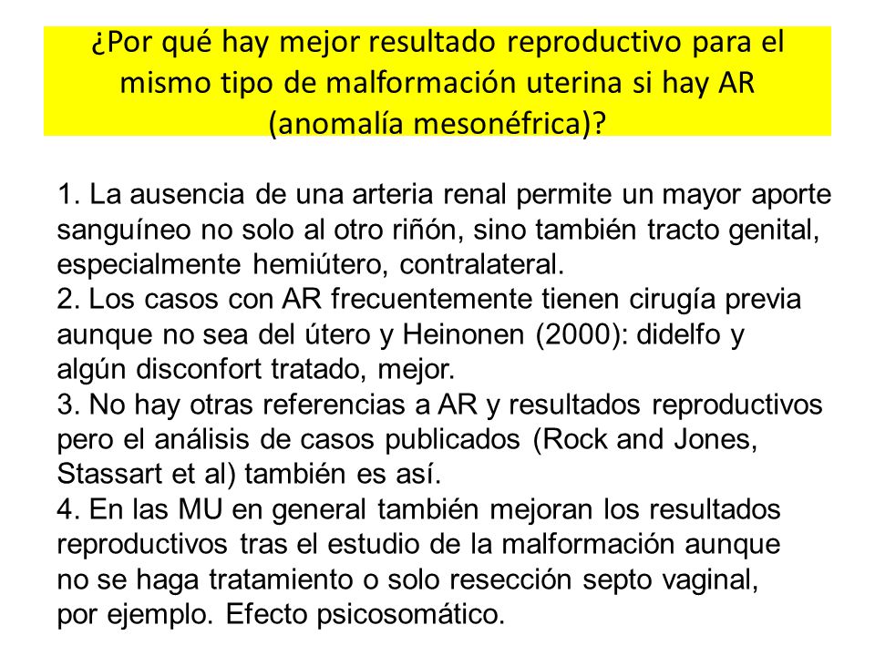 ¿Por qué hay mejor resultado reproductivo para el mismo tipo de malformación uterina si hay AR (anomalía mesonéfrica)