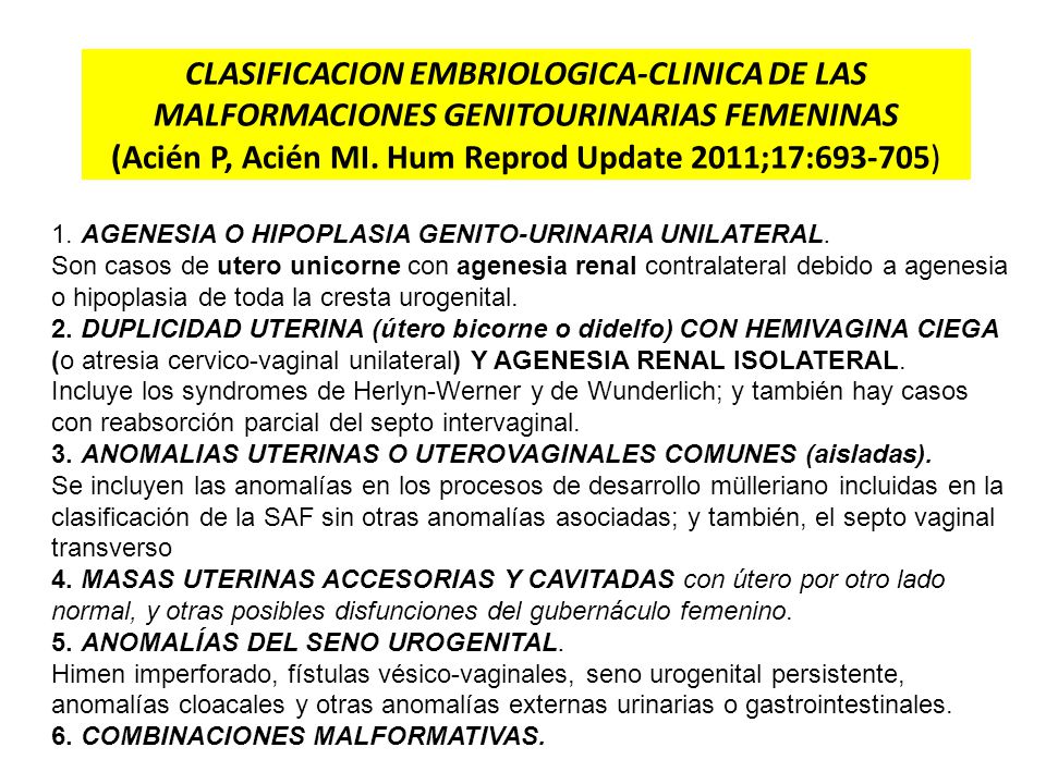 CLASIFICACION EMBRIOLOGICA-CLINICA DE LAS MALFORMACIONES GENITOURINARIAS FEMENINAS (Acién P, Acién MI. Hum Reprod Update 2011;17: )