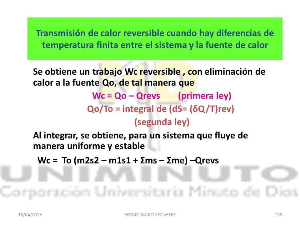 Wc = Qo – Qrevs (primera ley) Qo/To = integral de (dS= (δQ/T)rev)