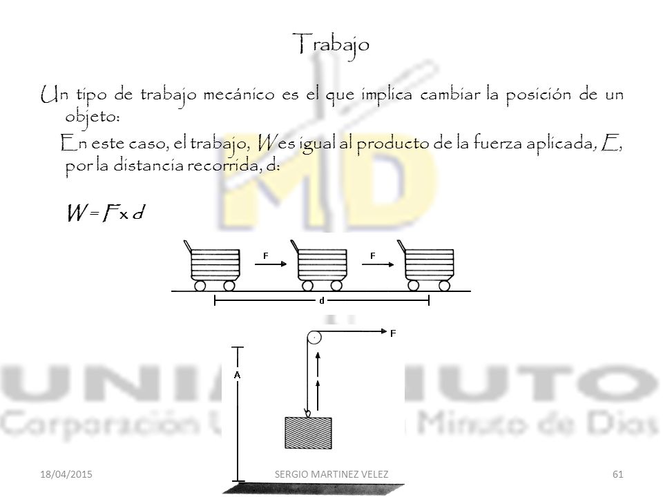 Trabajo Un tipo de trabajo mecánico es el que implica cambiar la posición de un objeto:
