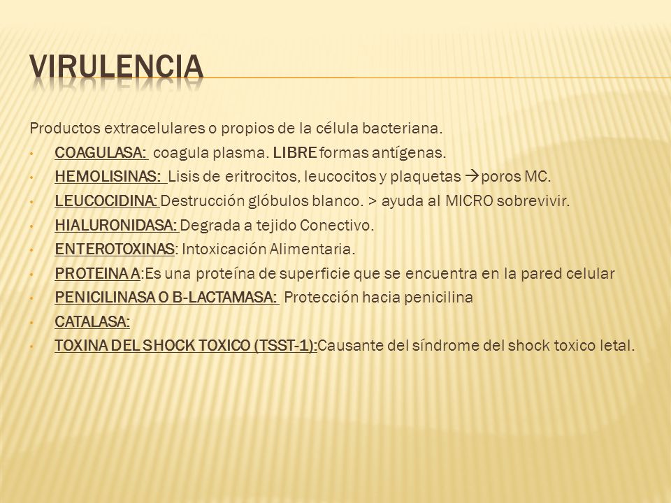 VIRULENCIA Productos extracelulares o propios de la célula bacteriana.