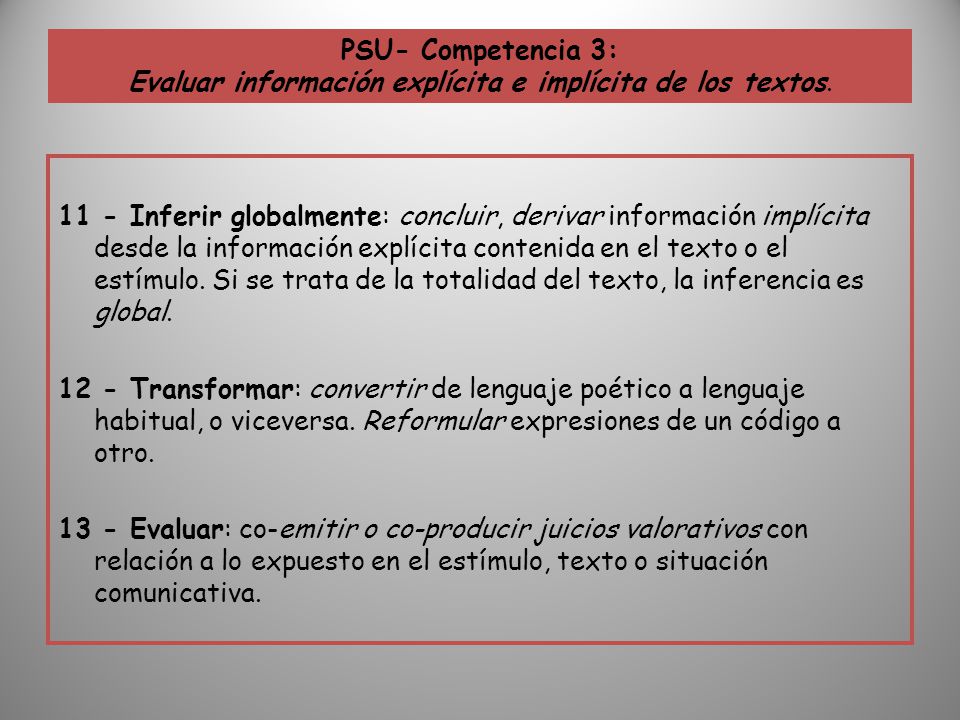 PSU- Competencia 3: Evaluar información explícita e implícita de los textos.
