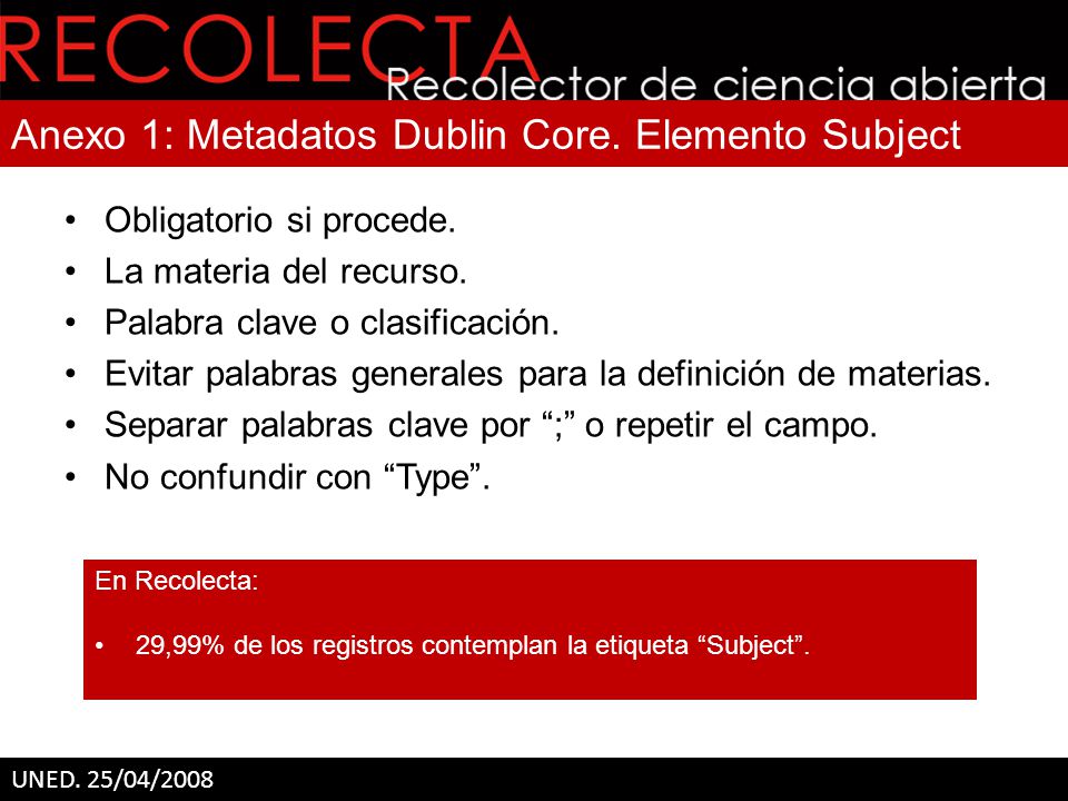 Anexo 1: Metadatos Dublin Core. Elemento Subject