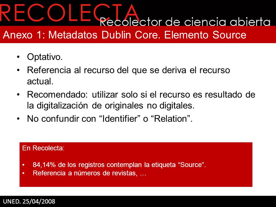 Anexo 1: Metadatos Dublin Core. Elemento Source