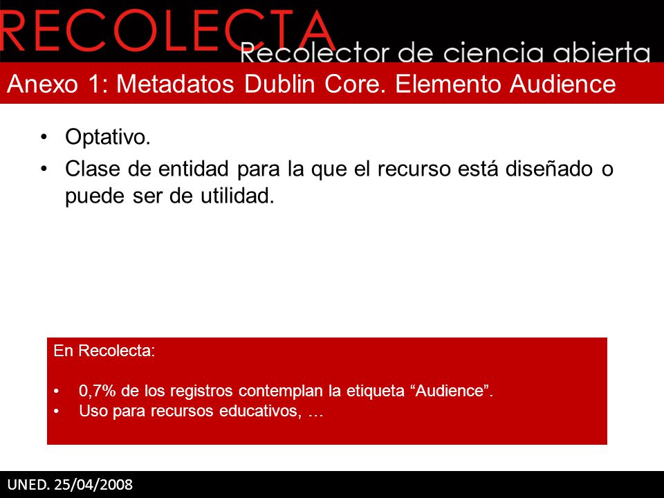 Anexo 1: Metadatos Dublin Core. Elemento Audience