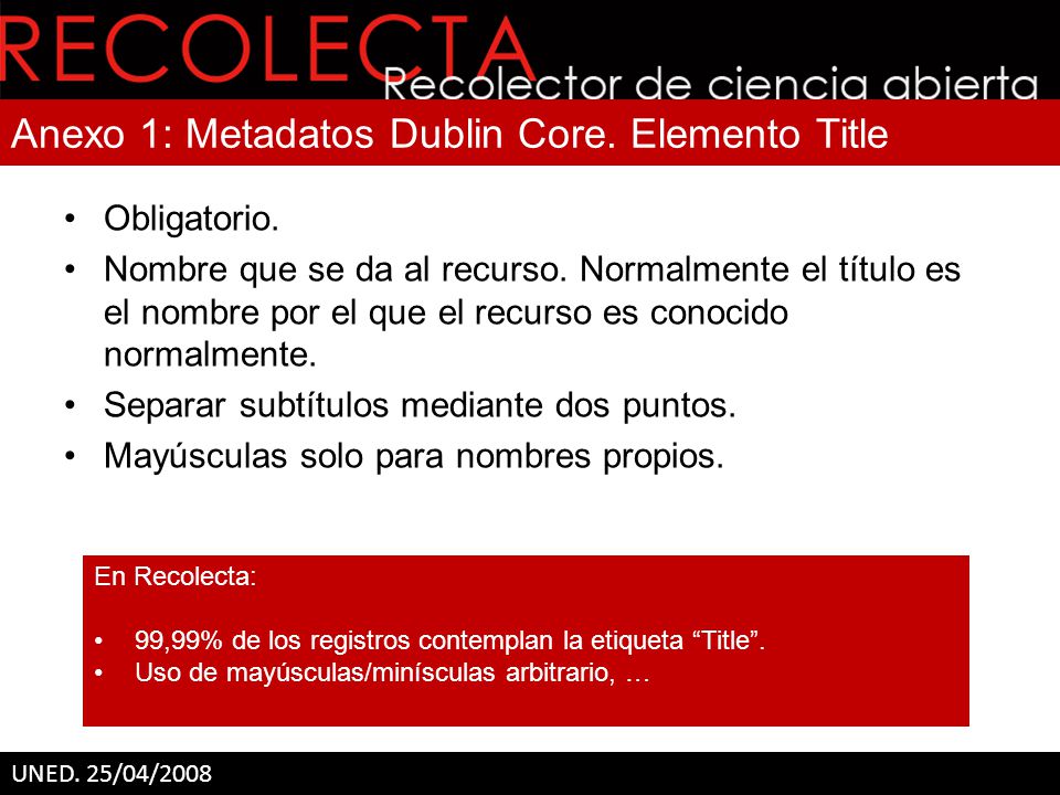 Anexo 1: Metadatos Dublin Core. Elemento Title