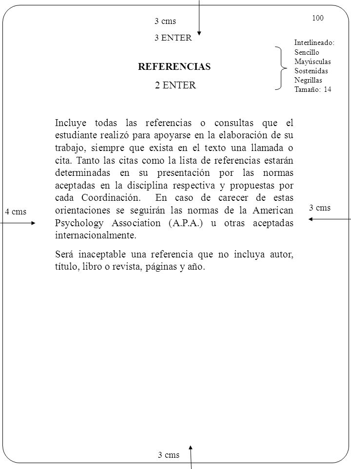 3 cms 3 ENTER Interlineado: Sencillo. Mayúsculas Sostenidas. Negrillas. Tamaño: 14. REFERENCIAS.