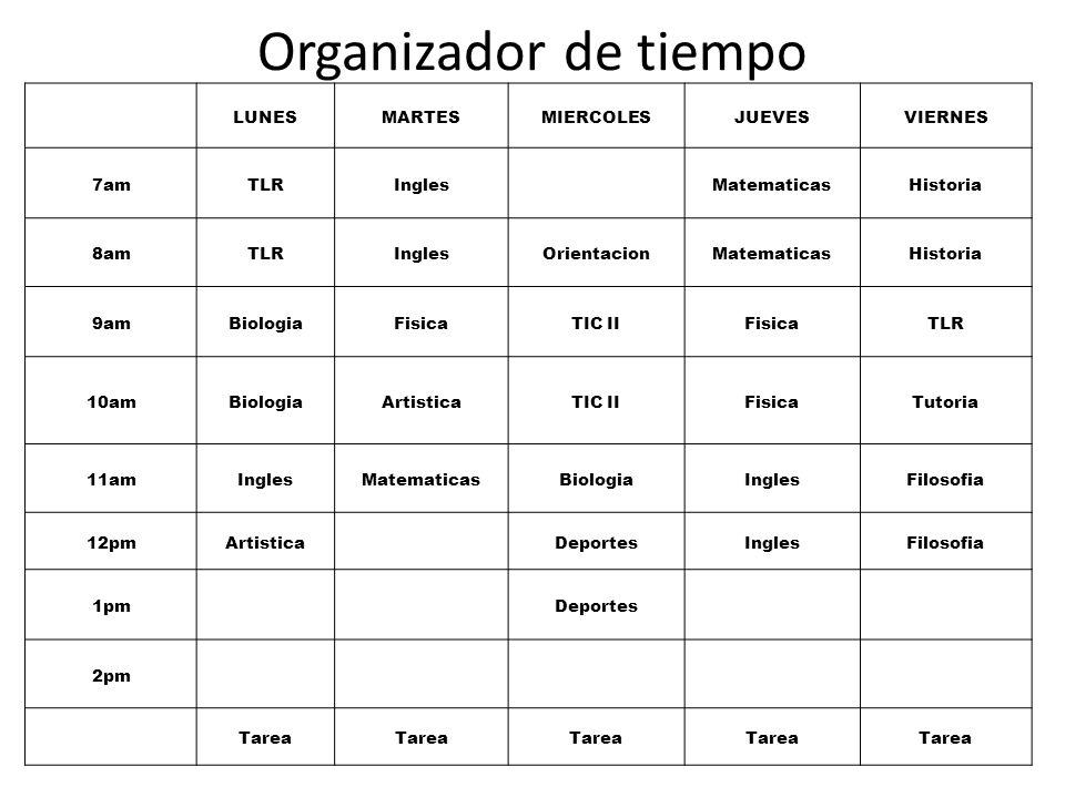 Organizador de tiempo LUNES MARTES MIERCOLES JUEVES VIERNES 7am TLR