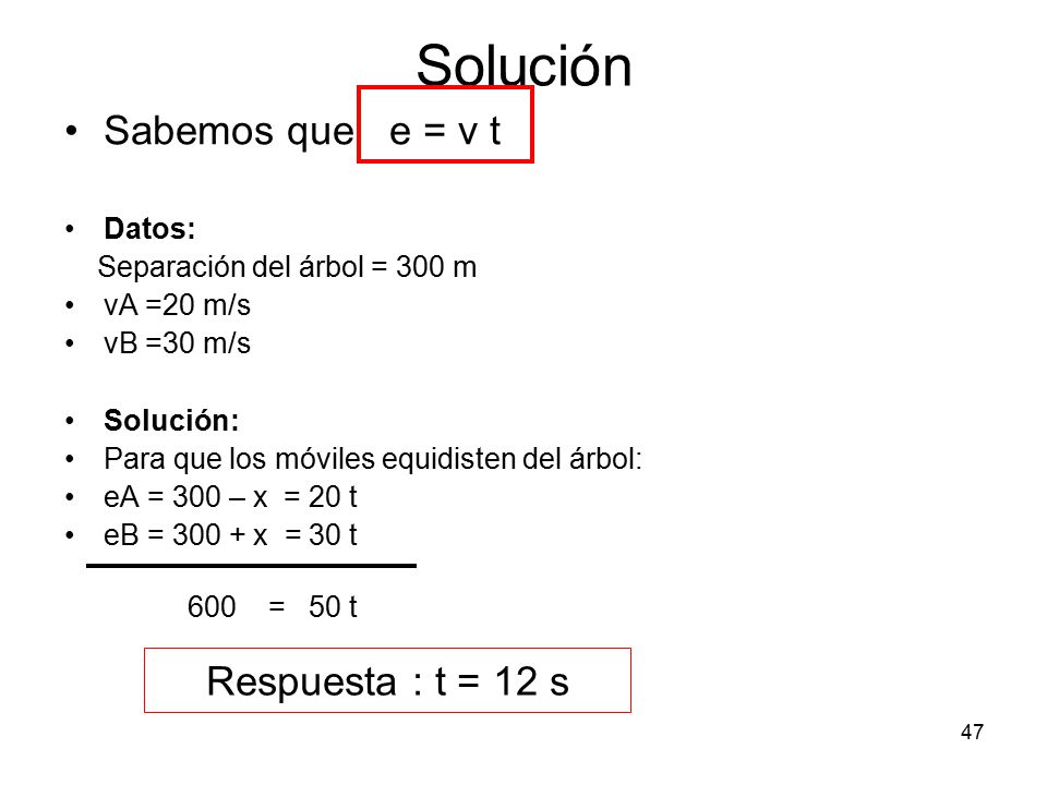 Solución Sabemos que e = v t Respuesta : t = 12 s Datos: