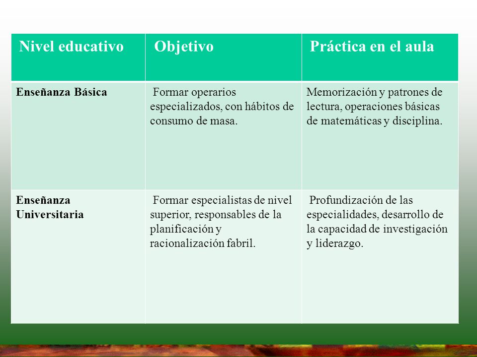 Objetivo Nivel educativo Práctica en el aula Enseñanza Básica
