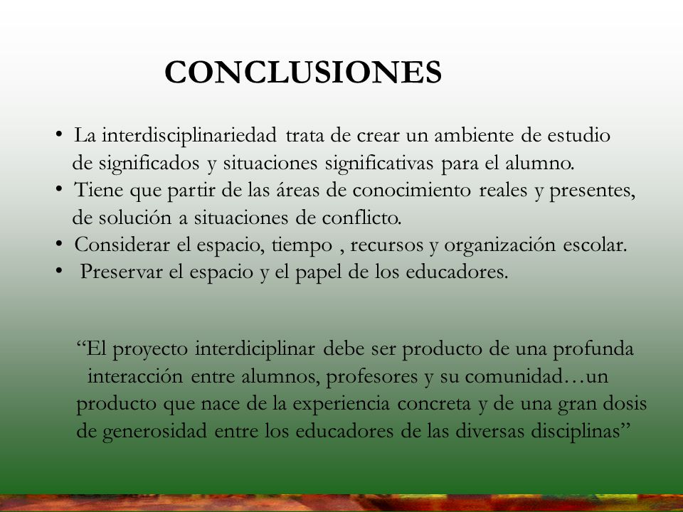 CONCLUSIONES La interdisciplinariedad trata de crear un ambiente de estudio. de significados y situaciones significativas para el alumno.