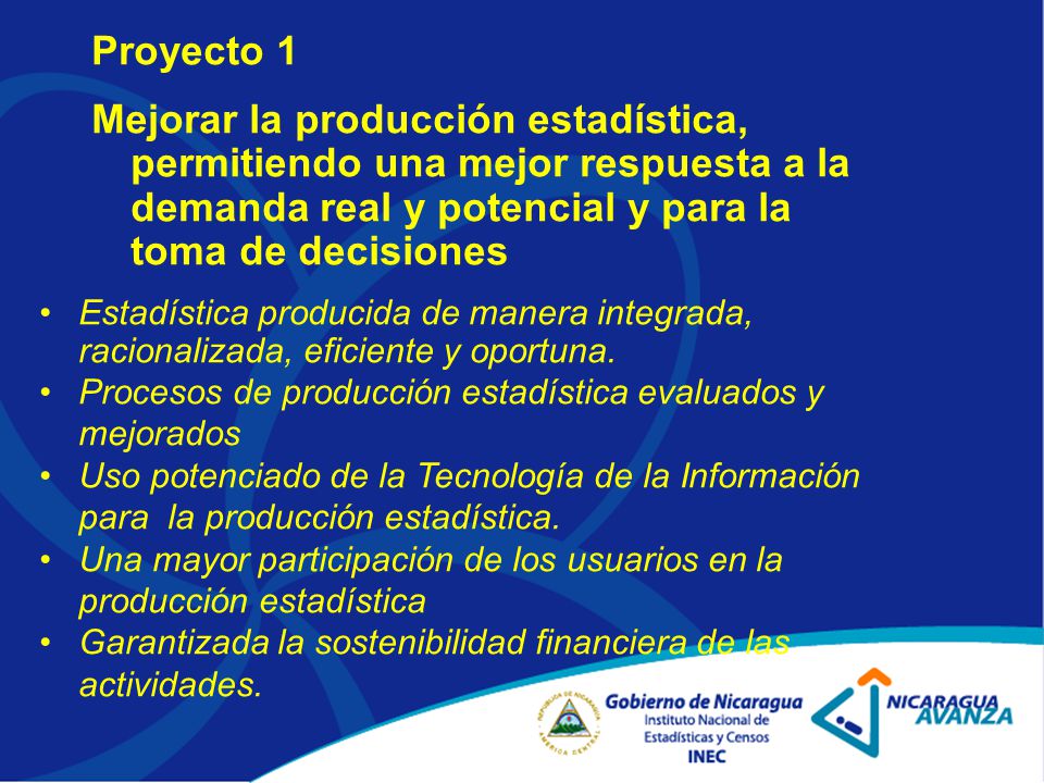 Proyecto 1 Mejorar la producción estadística, permitiendo una mejor respuesta a la demanda real y potencial y para la toma de decisiones.