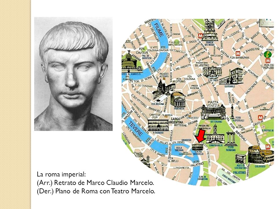 La roma imperial: (Arr.) Retrato de Marco Claudio Marcelo. (Der.) Plano de Roma con Teatro Marcelo.
