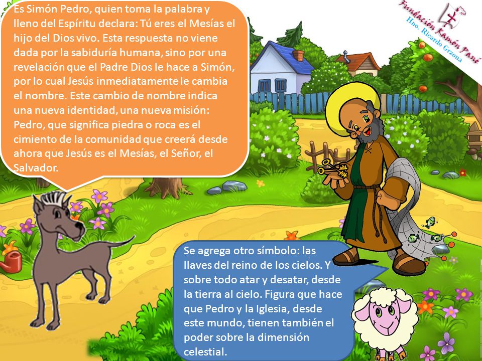 Es Simón Pedro, quien toma la palabra y lleno del Espíritu declara: Tú eres el Mesías el hijo del Dios vivo. Esta respuesta no viene dada por la sabiduría humana, sino por una revelación que el Padre Dios le hace a Simón, por lo cual Jesús inmediatamente le cambia el nombre. Este cambio de nombre indica una nueva identidad, una nueva misión: Pedro, que significa piedra o roca es el cimiento de la comunidad que creerá desde ahora que Jesús es el Mesías, el Señor, el Salvador.
