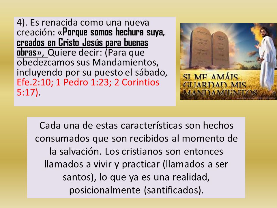 4). Es renacida como una nueva creación: «Porque somos hechura suya, creados en Cristo Jesús para buenas obras», Quiere decir: (Para que obedezcamos sus Mandamientos, incluyendo por su puesto el sábado, Efe.2:10; 1 Pedro 1:23; 2 Corintios 5:17).